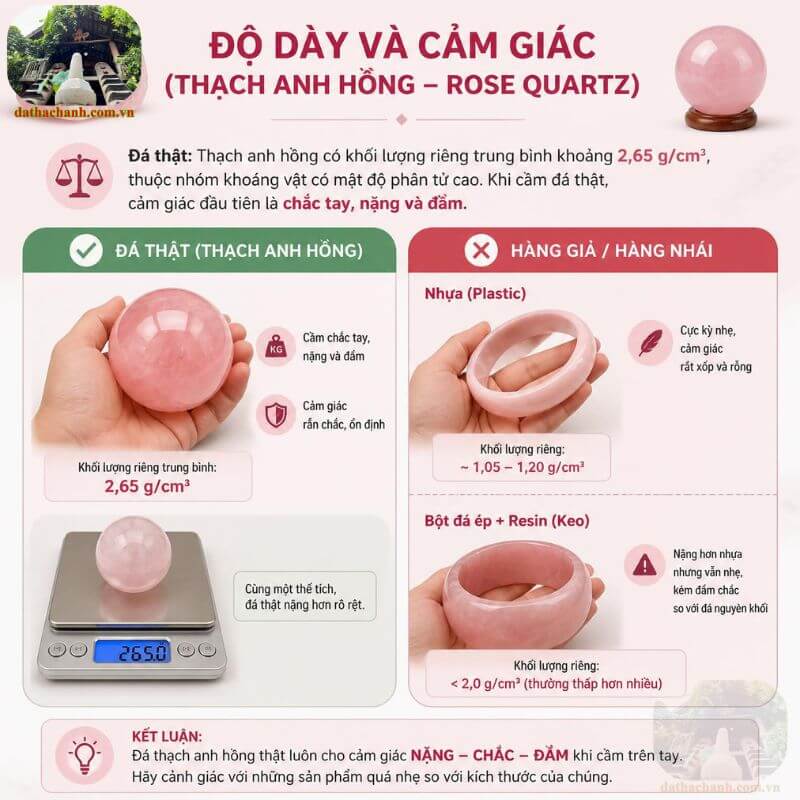 Cách phân biệt đá thạch anh hồng thật/giả qua tỷ trọng và cảm giác đầm tay