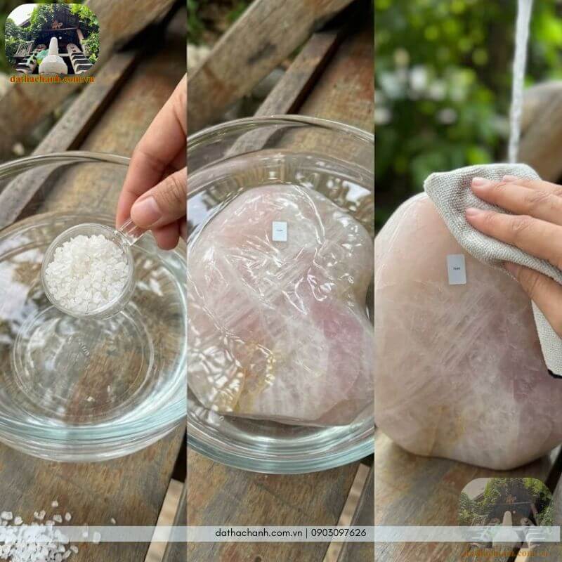 Cách thanh lọc bằng dung dịch muối khoáng loãng để làm sạch trụ đá thạch anh hồng