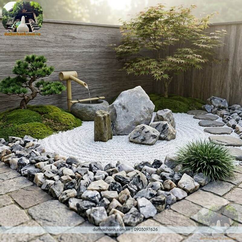 Tiểu cảnh sân vườn phong cách Zen với đá thạch anh tóc đen