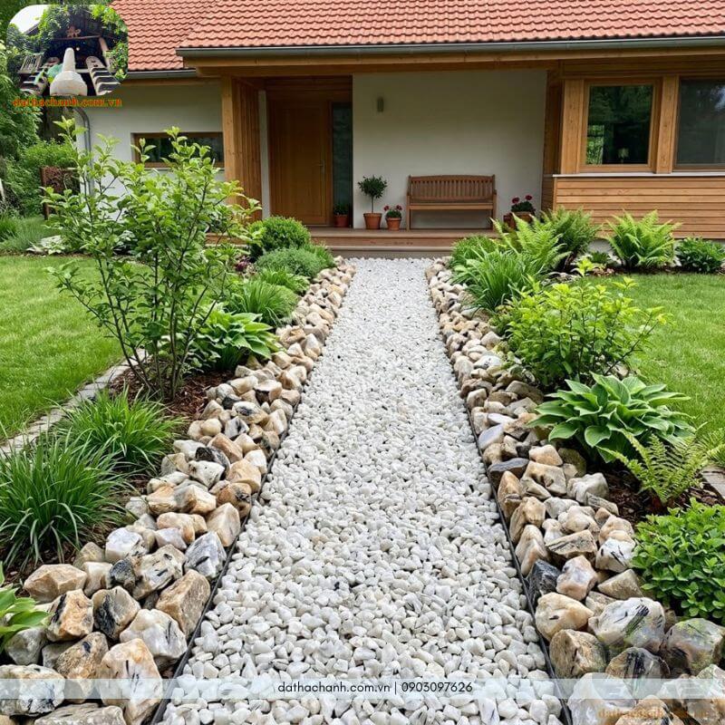 Đá thạch anh tóc đen vụn 4x6cm kết hợp cùng đá thạch anh trắng vụn trang trí lối đi, sân vườn