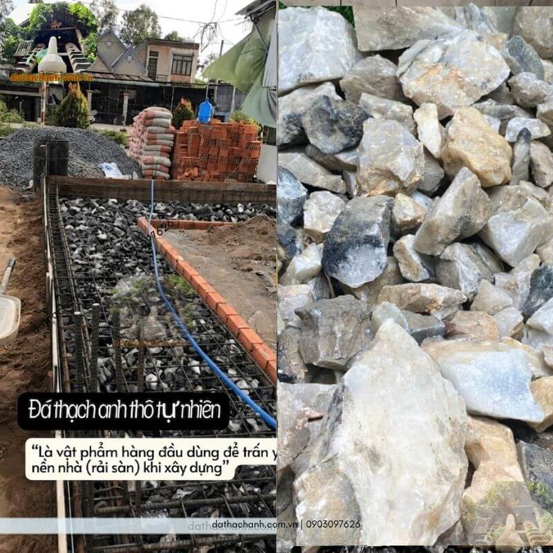 dùng đá thạch anh tóc đen vụn thô 4x6cm rải nền, móng nhà