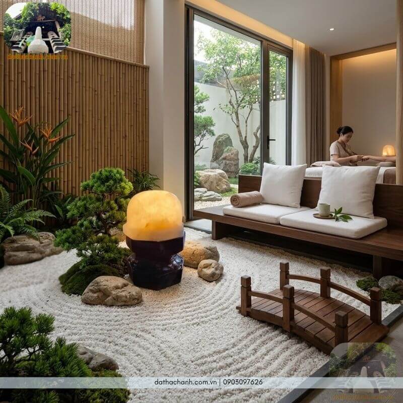 Vụn đá thạch anh trắng kết hợp đèn đá thạch anh, thạch anh khối và cây xanh tạo nên vườn Zen trong Spa