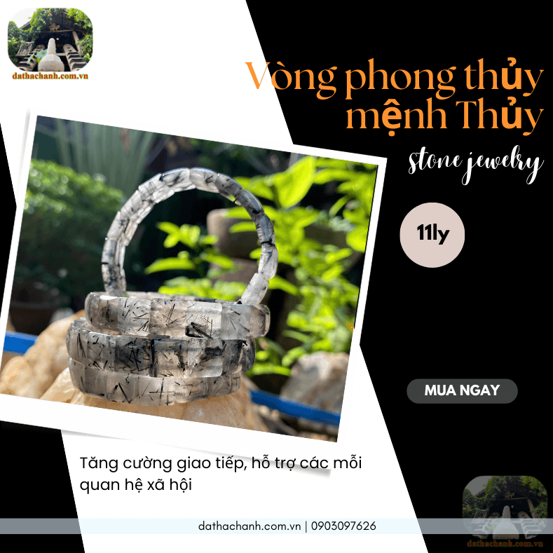 Vòng phong thủy mệnh thủy thạch anh tóc đen bản vuông 11ly hút tài lộc, giữ vượng khí 52 vòng phong thủy mệnh thủy