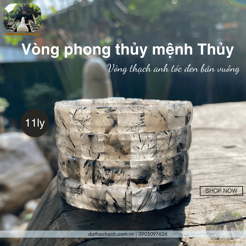 Vòng phong thủy mệnh thủy thạch anh tóc đen bản vuông 11ly hút tài lộc, giữ vượng khí 49 vòng phong thủy mệnh thủy