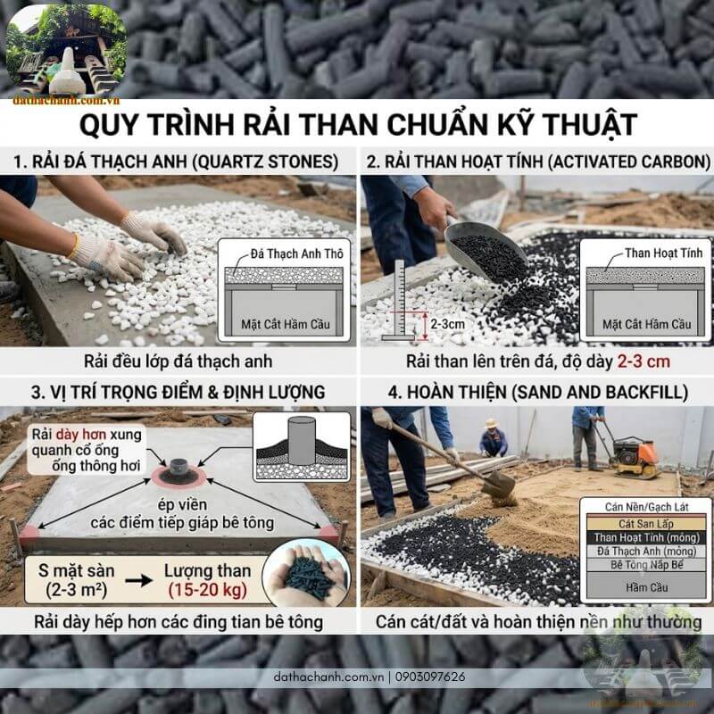 Viên nén than hoạt tính gáo dừa nguyên chất - Rải nắp bể phốt, khử mùi, hút ẩm và lọc nước 17 Quy trình rải than hoạt tính lên nắp bể phốt